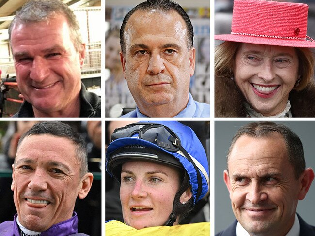 Racing headline makers (clockwise from top left) Darren Weir, Peter V'landys, Gai Waterhouse, Chris Waller, Jamie Kah and Frankie Dettori.