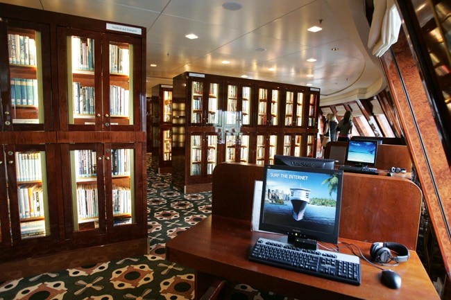 <p>Queen Mary's library is the largest at sea with more than 8000 hardbacks, 500 paperbacks, 200 audio books and 100 CD ROMS.</p> <p>Picture: Cameron Richardson</p>