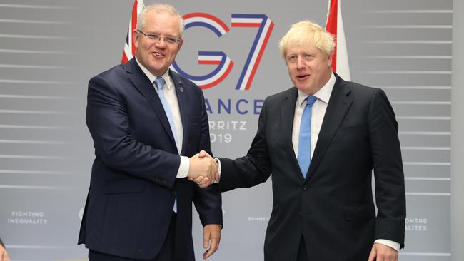 Prime Minister Scott Morrison holds a bilateral meeting with UK leader Boris Johnson at the G7 Summit in Biarritz, France last August. Picture: Adam Taylor/PMO