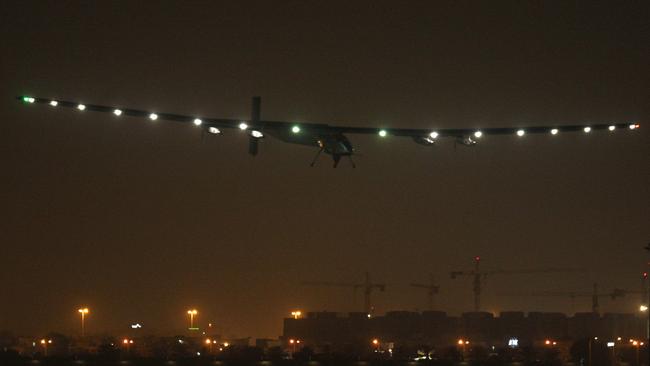 Solar Impulse 2 prepares to land in the Omani capital Muscat. Picture: AFP