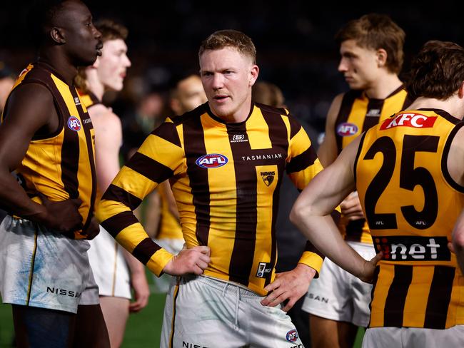 James Sicily of the Hawks looks dejected after a loss to Port Adelaide. (Photo by Michael Willson/AFL Photos via Getty Images)