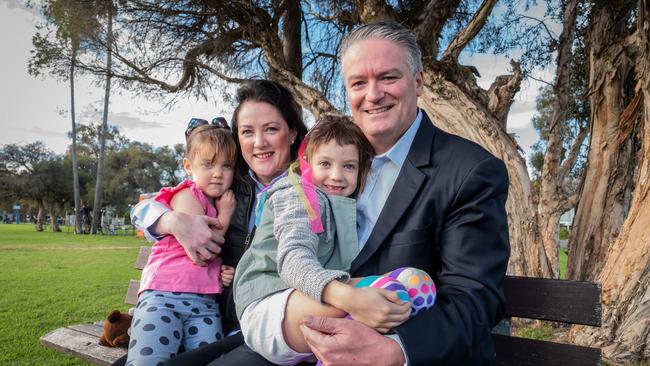 Mathias Cormann with his wife Hayley, Charlotte, 4, left, and Isabelle, 7, in Perth on Sunday. Picture: Tony McDonough