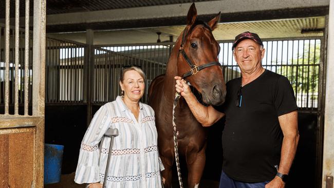 Rob and Vicky Heathcote with Pretty Dubious ahead of the two-year-old’s stern test at the Gold Coast on Saturday Picture Lachie Millard