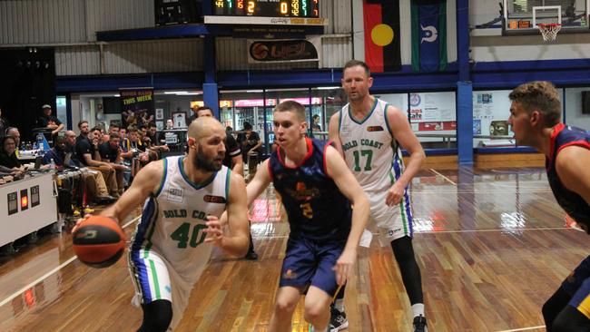 Action from the Gold Coast Rollers men's QBL basketball 2019 grand final series game one match against the Brisbane Capitals. Picture: QBL