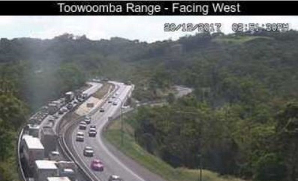 Department of Transport and Main Roads traffic cameras positioned on the Range have captured Wednesday afternoon's traffic chaos on the Warrego Highway. Picture: Contributed