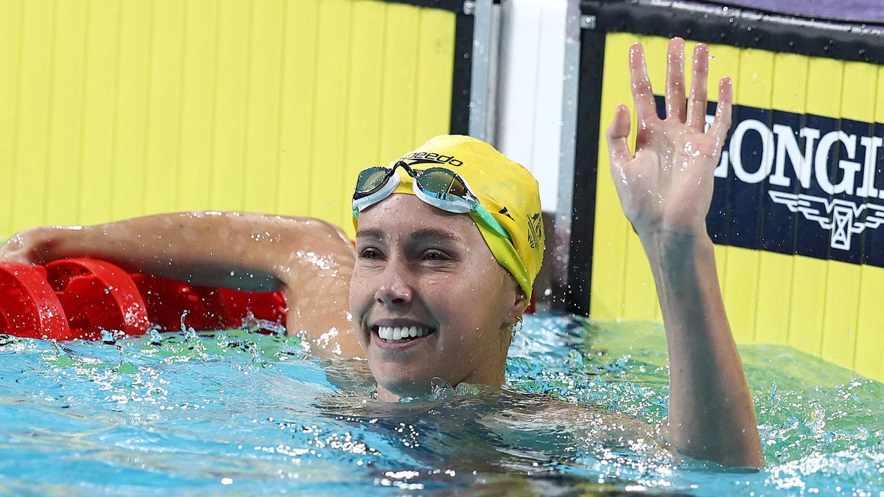 Emma McKeon celebrates after winning gold in the women’s 50m freestyle in Birmingham, the 11th Commonwealth Games gold medal of her career and the most of any Australian athlete. Picture: Michael Klein