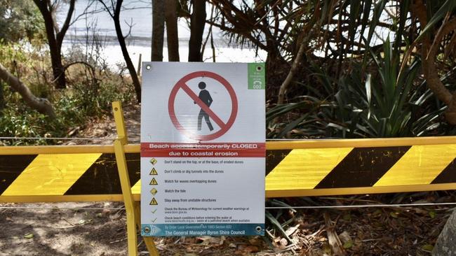 Access to Byron Bay's Main Beach and Clarke Beach remained restricted while contractors for Crown Land continued sanding efforts to avoid further coastal erosion on Monday.