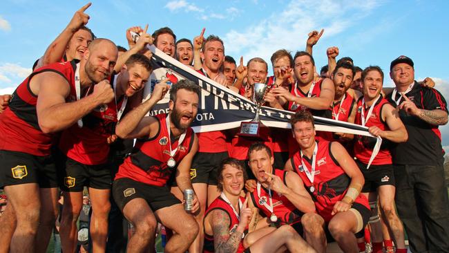 Romsey celebrates its 2014 RDFL premiership. Picture: Aaron Cook