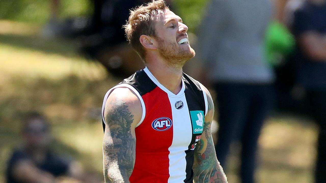 Tim Membrey celebrates one of St Kilda’s 22 goals against North Melbourne. Picture: Getty Images