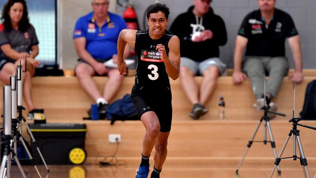 Trent Burgoyne undertakes a sprint test during the 2019 NAB AFL State Draft Combine at Prince Alfred College in Adelaide in October. Picture: AAP Image/Sam Wundke