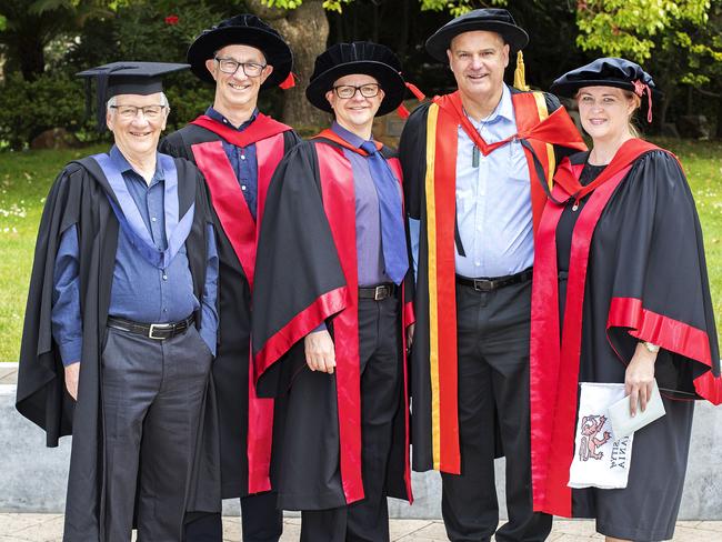 Michael Davies, Assoc Prof John Kenny, Dr Justin Canty, Dr Greg Oats and Dr Michelle Parks at the UTAS Graduation at Launceston. PICTURE CHRIS KIDD