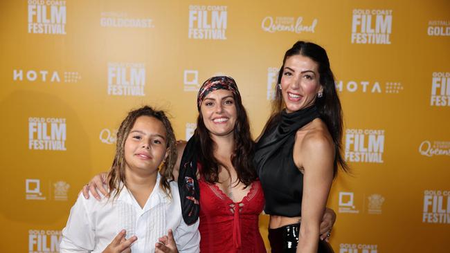 Kyza Baranello, Simone Ng and Christie Zakos at the JAFAICAN premiere with Peter Andre at Gold Coast Film Festival at HOTA. Picture, Portia Large.