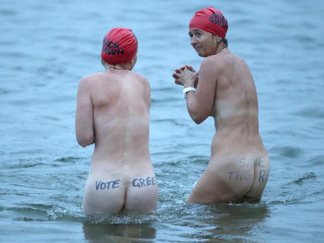 Political bottoms at the Dark Mofo Winter solstice nude swim. Picture: NIKKI DAVIS-JONES