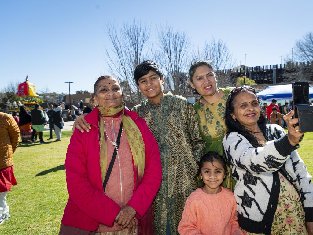 At Toowoomba's Festival of Chariots are (from left) Divya Nayak, Zac Rana, Darshana Nayak, Bhakti Barot (front) and Alka Barot, Saturday, July 20, 2024. Picture: Kevin Farmer