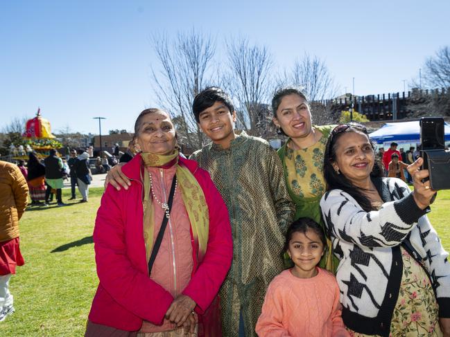 At Toowoomba's Festival of Chariots are (from left) Divya Nayak, Zac Rana, Darshana Nayak, Bhakti Barot (front) and Alka Barot, Saturday, July 20, 2024. Picture: Kevin Farmer