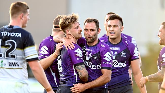 Storm were nearly perfect in the first half but dropped off defensively late to allow some consolation points for the Cowboys. Picture: Getty Images.