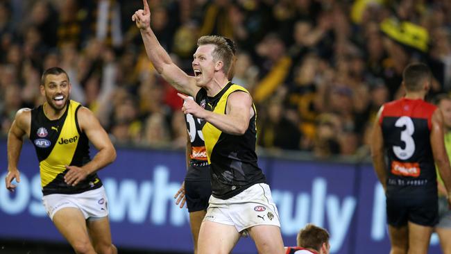 Richmond’s Jack Riewoldt celebrates his goal in the fourth quarter. Picture: Michael Klein