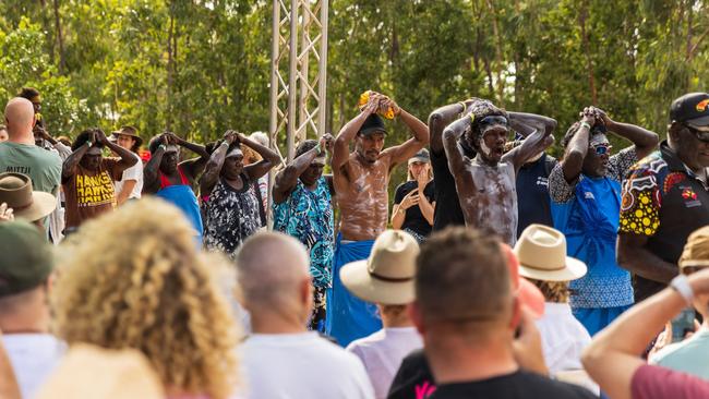 The Manggalili community performs during the opening ceremony of the Garma Festival at Gulkula. Picture: Tamati Smith/ Getty Images