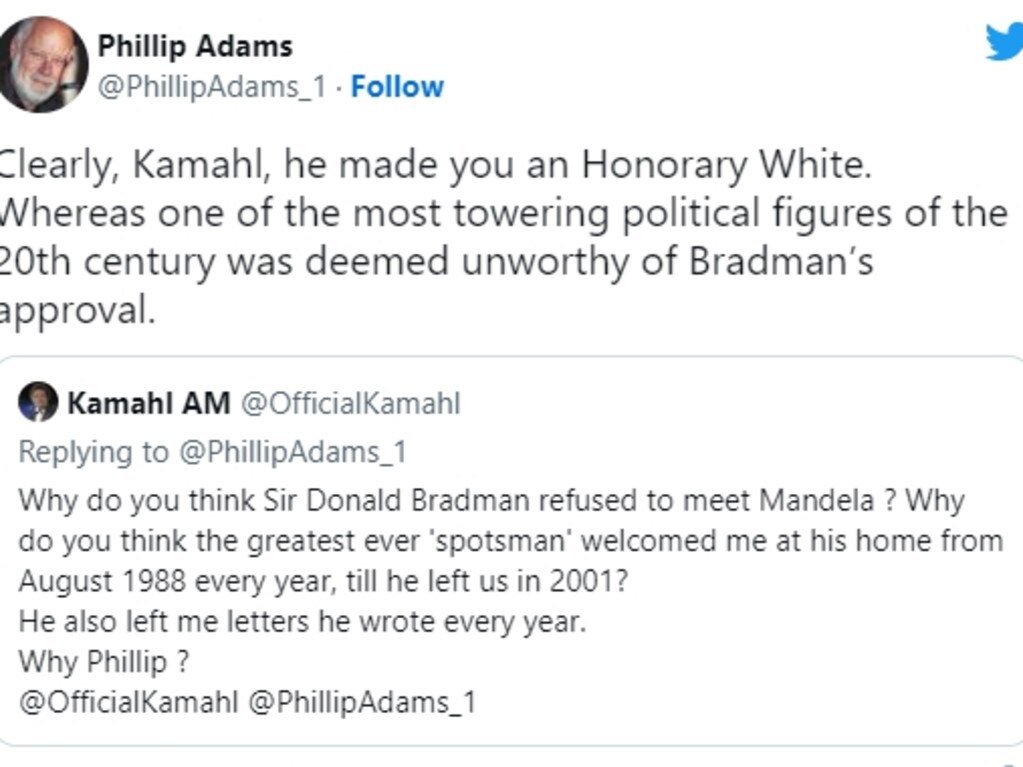 Phillip Adams and Kamahl's Twitter feud about Sir Donald Bradman. Picture: Twitter