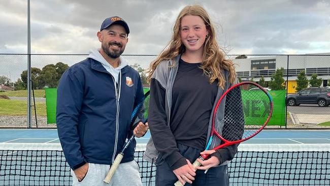 Maribyrnong tennis coach Marc Sophoulis with emerging talent Bridget Mihulka. Picture: Supplied