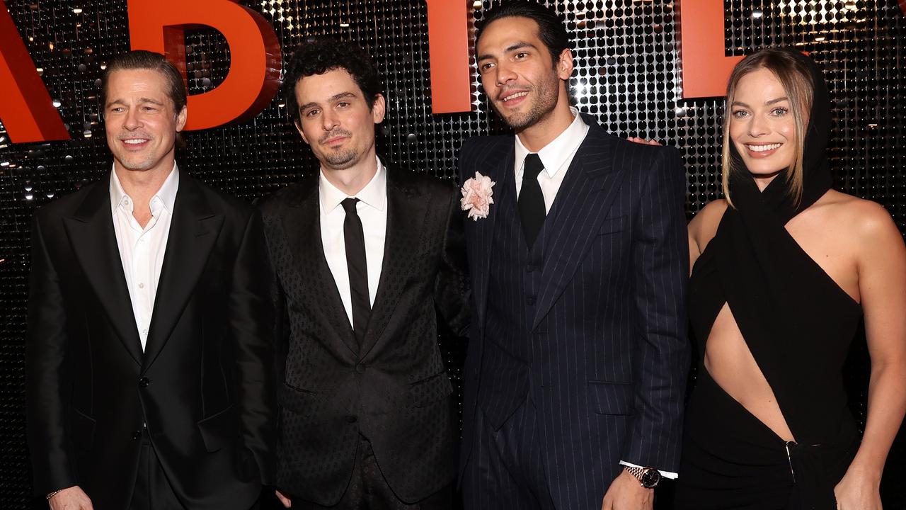 Brad Pitt, Damien Chazelle, Diego Calva and Margot Robbie attending the Babylon LA premiere. Picture: Jesse Grant/Getty Images for Paramount Pictures