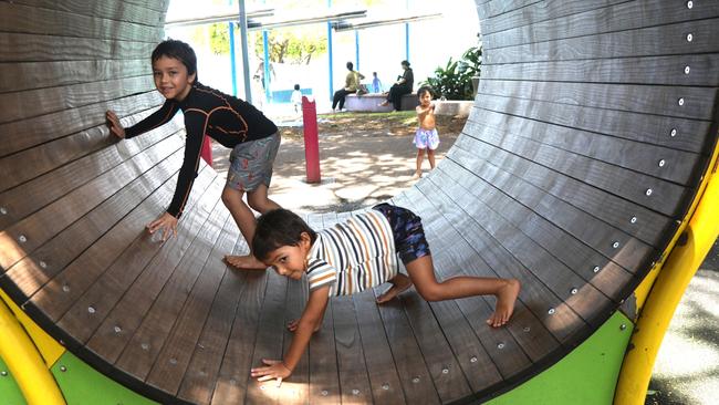 Brothers Jonty and Alby Rungan at Muddy’s Playground in Cairns. Picture: Catherine Duffy