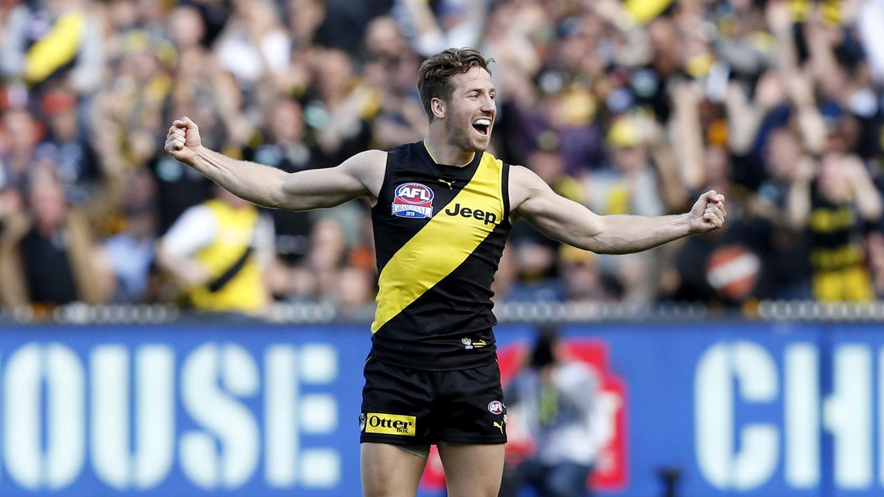 Kane Lambert celebreates a goal in the 2019 Grand Final. Picture: David Caird