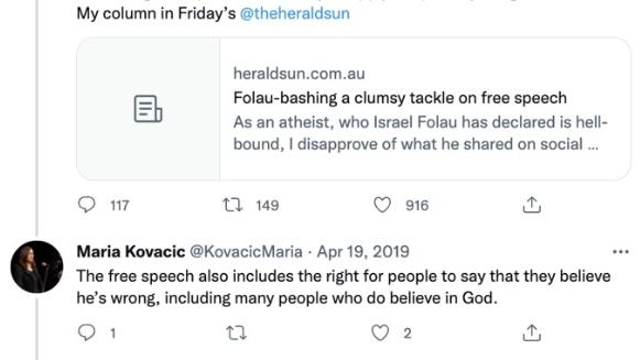 Maria Kovacic also zeroed in on Israel Folau.