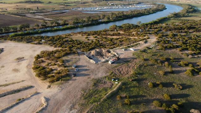 Drone shots from the discovery of the car remains at Ponde Hell Angels property during the search for evidence in two murder cases. Picture: Nine News