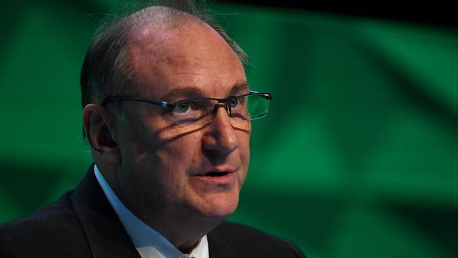 Telstra Chairman John Mullen addresses the floor during Telstra's annual general meeting. Picture: AAP Image/James Ross