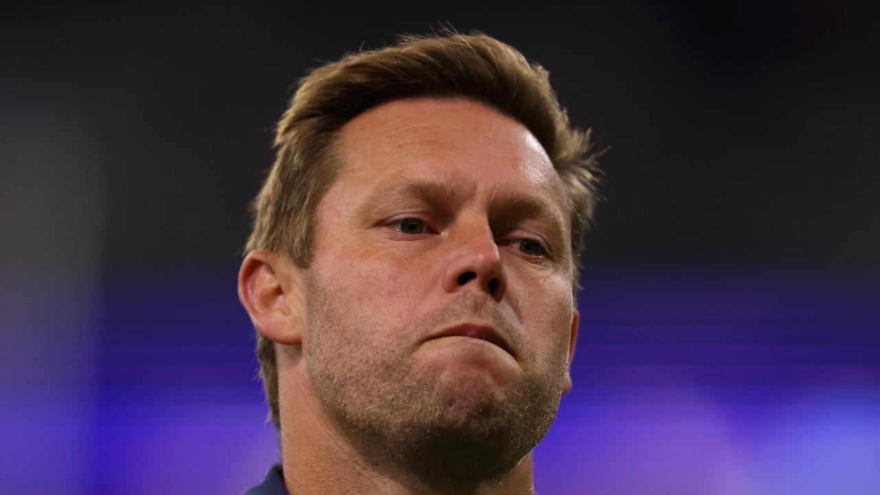 PERTH, AUSTRALIA - MAY 06: Sam Mitchell, head coach of the Hawks looks on during the round eight AFL match between Fremantle Dockers and Hawthorn Hawks at Optus Stadium, on May 06, 2023, in Perth, Australia. (Photo by Paul Kane/Getty Images)