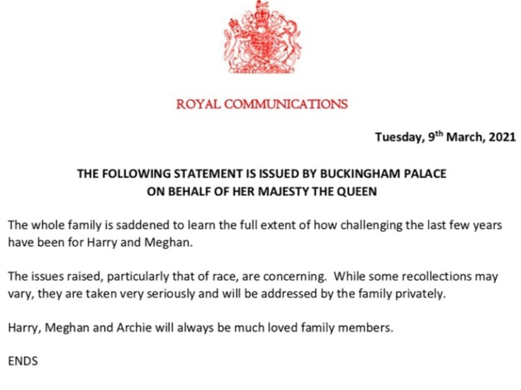 Buckingham Palace’s official statement in response to Harry and Meghan's interview with Oprah Winfrey.