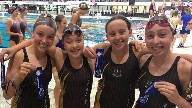 This St Rita's College relay side broke All Hallows' domination in team events at the CaSSSA swimming carnival.