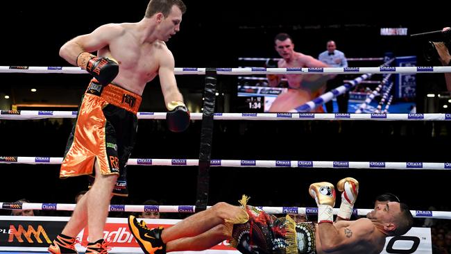 Jeff Horn knocks out Anthony Mundine at Suncorp Stadium in November. Picture: Darren England/AAP 