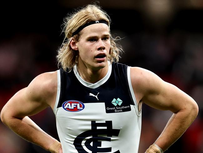 SYDNEY, AUSTRALIA - JULY 06: Tom De Koning of the Blues looks on during the round 17 AFL match between Greater Western Sydney Giants and Carlton Blues at ENGIE Stadium, on July 06, 2024, in Sydney, Australia. (Photo by Brendon Thorne/AFL Photos/via Getty Images)