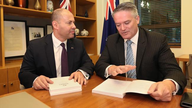 Treasurer Josh Frydenberg and Minister for Finance Senator Mathias Cormann. Picture: Kym Smith