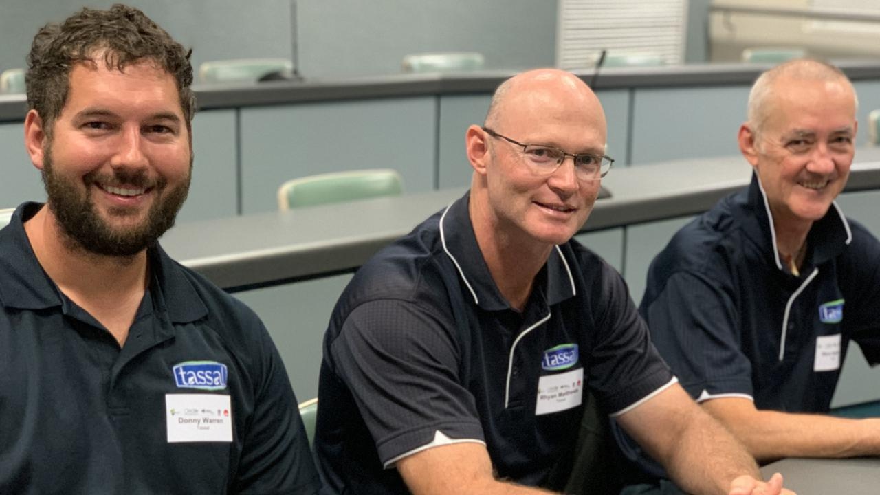 (From left to right) Tassal's Donny Warren, Rhyan Matthews and Steve Harrison attend the aquaculture and agriculture tech skills discussion at CQUniversity's Ooralea campus in Mackay on May 20. Picture: Duncan Evans