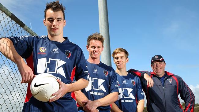 South Adelaide players (from left) Jordan Watson, Dylan Torr and Hamish Robbins, with coach Steve Kitchin are preparing for the Panthers first year in the SA Premier League. Picture: Stephen Laffer