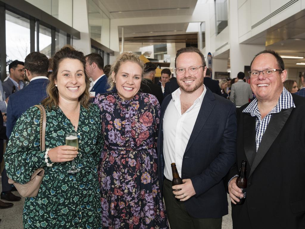 At It's A Bloke Thing 2023 are (from left) Jess Hayes, Ally Griffiths, Liam Hayes and Anton Griffiths at Wellcamp Airport, Friday, August 18, 2023. Picture: Kevin Farmer