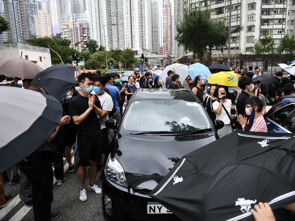 Protesters gather outside the Eastern District Courts in Hong Kong following a violent weekend of unrest which saw bloody clashes with police and widespread vandalism that crippled the city's train network. Picture: AFP