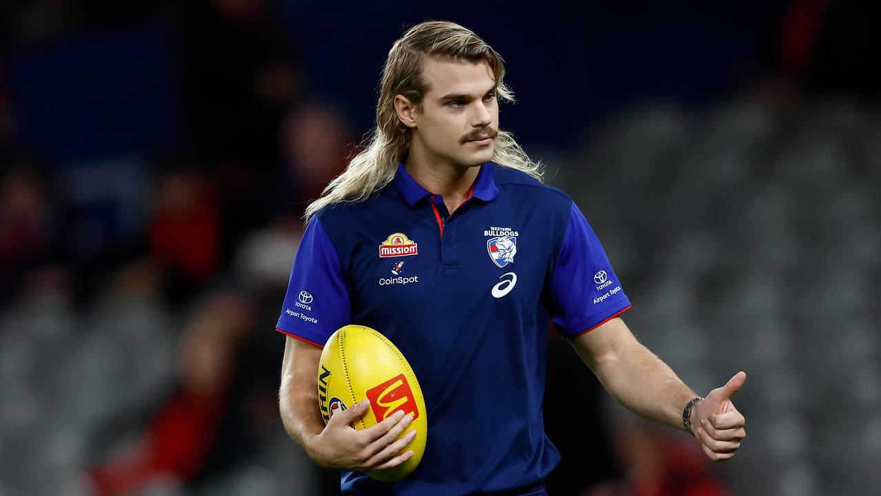 MELBOURNE, AUSTRALIA - APRIL 12: Bailey Smith of the Bulldogs gives the thumbs up during the 2024 AFL Round 05 match between the Western Bulldogs and the Essendon Bombers at Marvel Stadium on April 12, 2024 in Melbourne, Australia. (Photo by Michael Willson/AFL Photos via Getty Images)