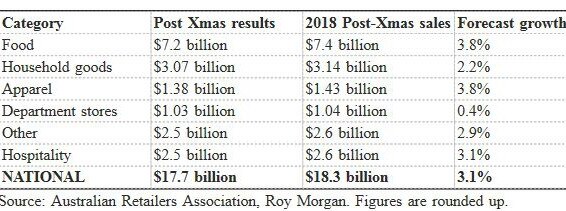 2018 Post-Christmas sales by category. Picture: Australian Retailers Association, Roy Morgan