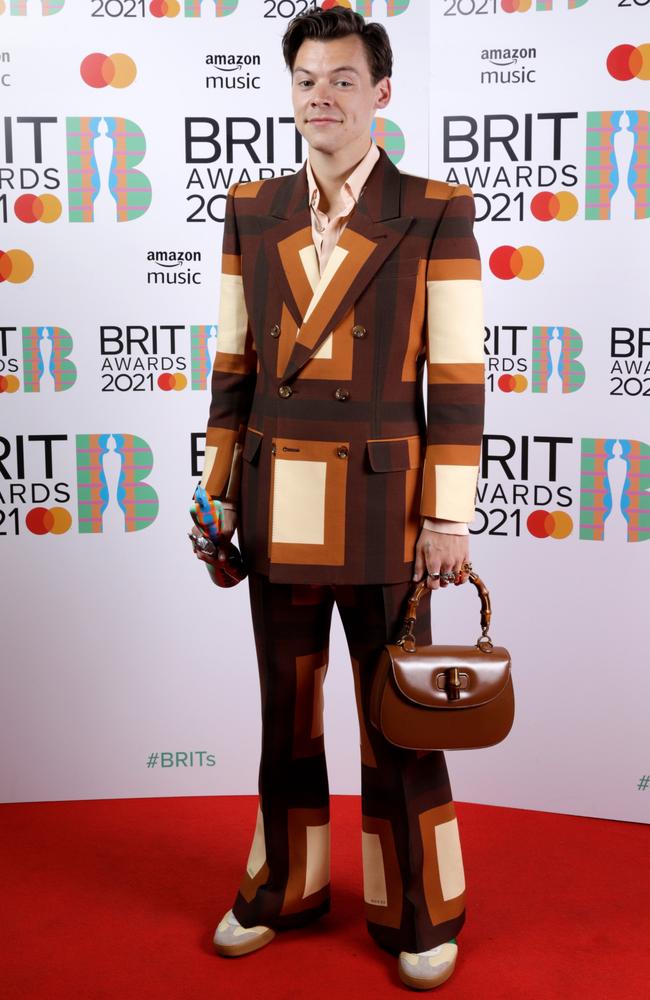 Harry Styles wore a very expensive Gucci suit. Picture: JMEnternational/JMEnternational for BRIT Awards/Getty Images