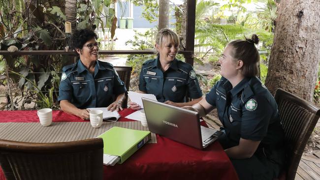 Beverly Geronimos, 59, and Vikki Harvey, 50, with Jacqueline Van Akker (right) training ambo. Pic Mark Cranitch.