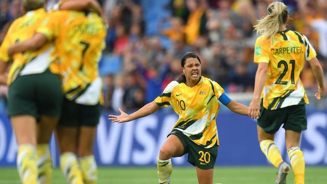 Matildas captain Sam Kerr celebrates after the win over Brazil. Picture: Getty Images