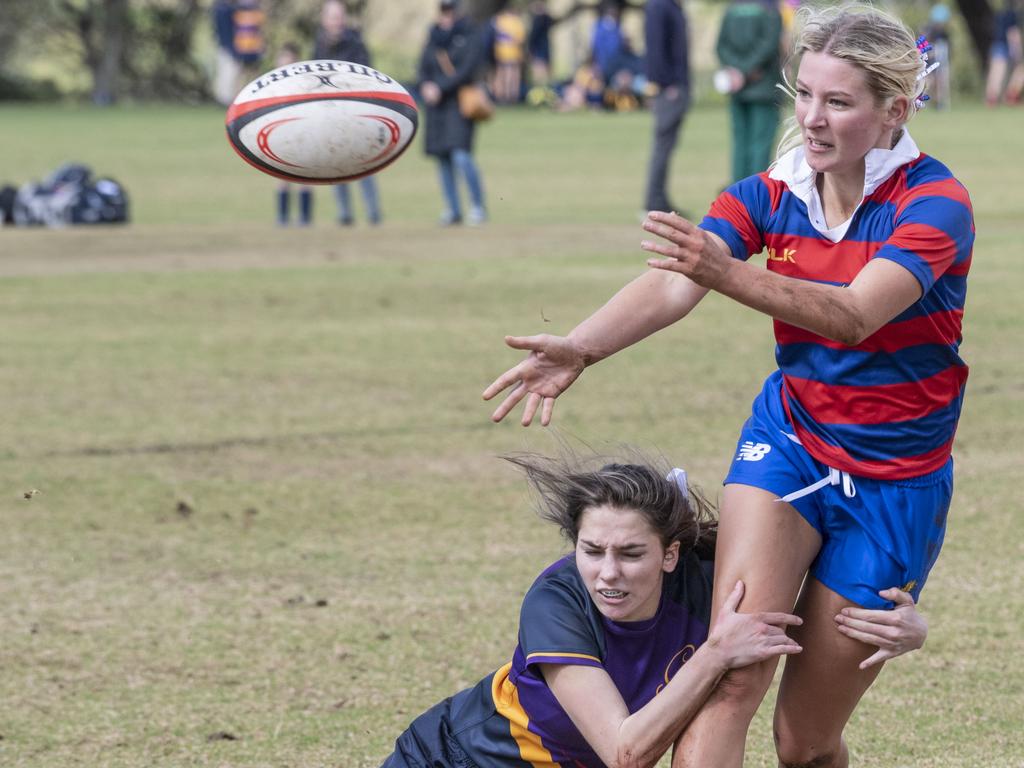 Erin Chandler for Downlands. Selena Worsley Shield game 1. Girl's rugby 7s Downlands vs Glennie. Saturday, August 6, 2022. Picture: Nev Madsen.