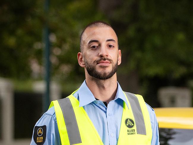 MELBOURNE, MARCH 19, 2024: Security Guard Tommy Mitsis from Allied Security patrols the eastern suburban streets of Melbourne. Picture: Mark Stewart