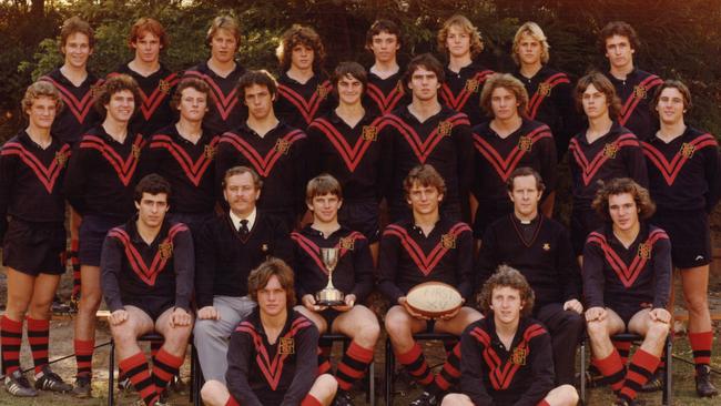 The 1979 Gregory Terrace First XV. Joint premiers in GPS rugby with future Wallabies Michael Lynagh (far left, middle row), Michael Cook (second from right, middle row) and Damien Frawley (fourth from right, middle row). Picture: Supplied