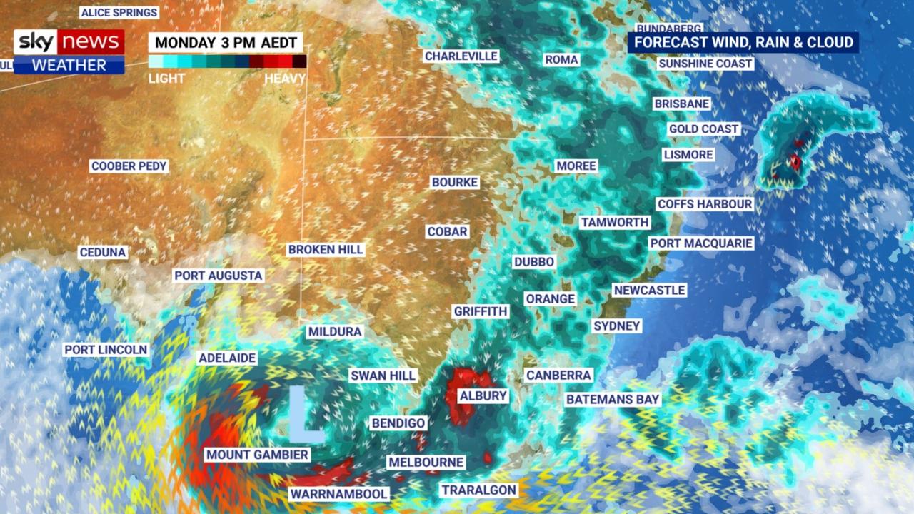 Christmas Day weather is looking wet and stormy in the east. Picture: Sky News Weather