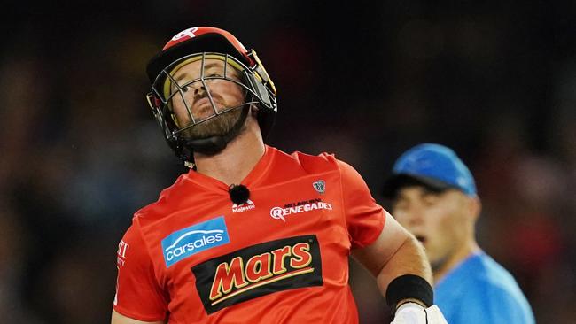 Dan Christian reacts after being run out first ball in Melbourne Renegades loss to Adelaide Strikers.